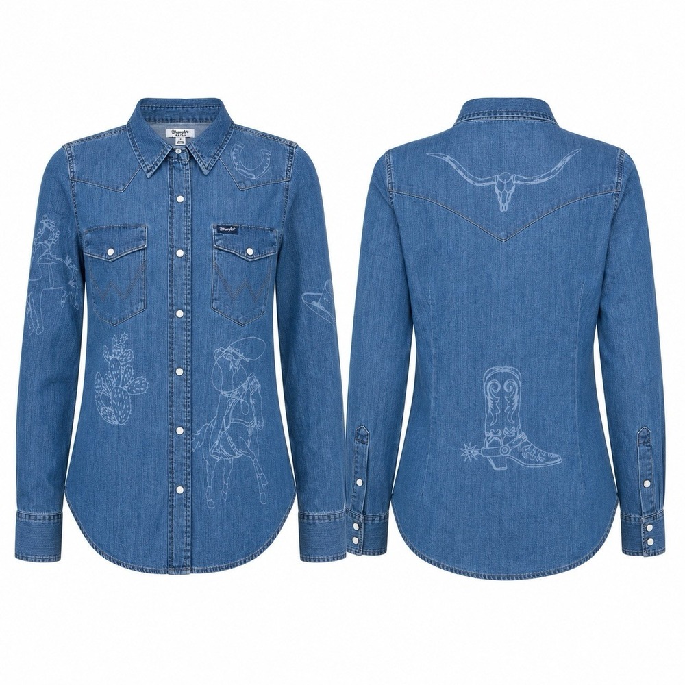 Wrangler Retro Western Denim Pearl Snap Shirt NWT Women’s XL Cowboy Rodeo Blue